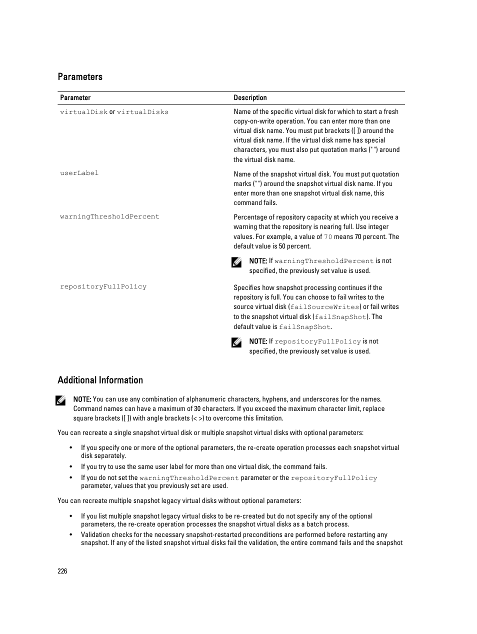 Parameters, Additional information | Dell PowerVault MD3260i User Manual | Page 226 / 388