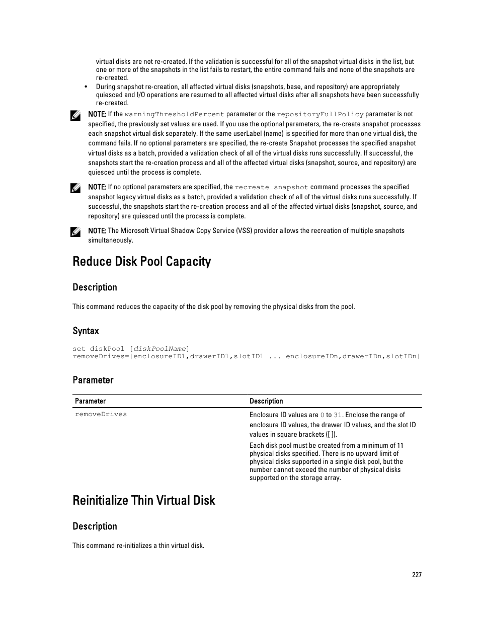 Reduce disk pool capacity, Reinitialize thin virtual disk, Description | Syntax, Parameter | Dell PowerVault MD3260i User Manual | Page 227 / 388