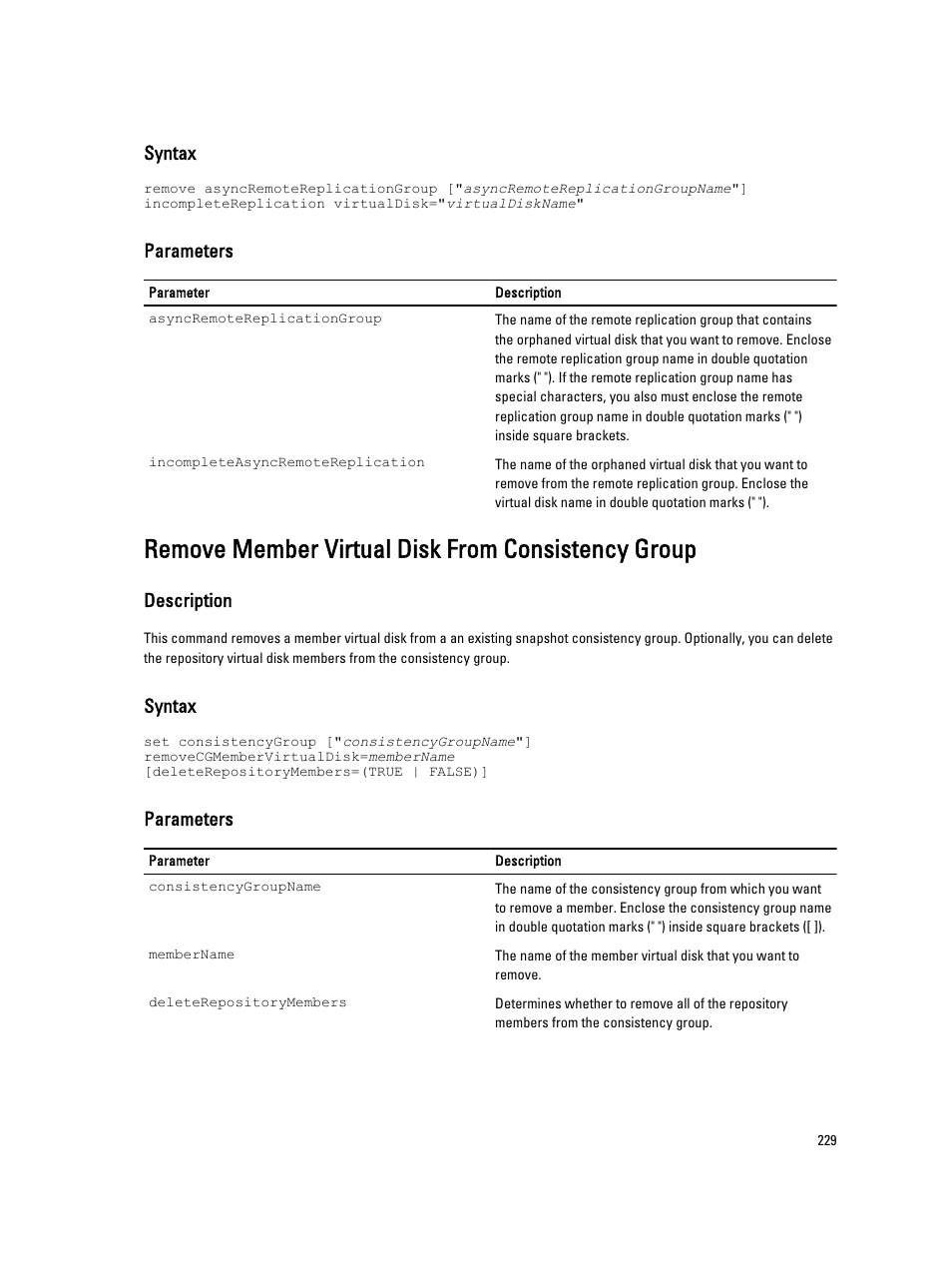 Remove member virtual disk from consistency group, Syntax, Parameters | Description | Dell PowerVault MD3260i User Manual | Page 229 / 388