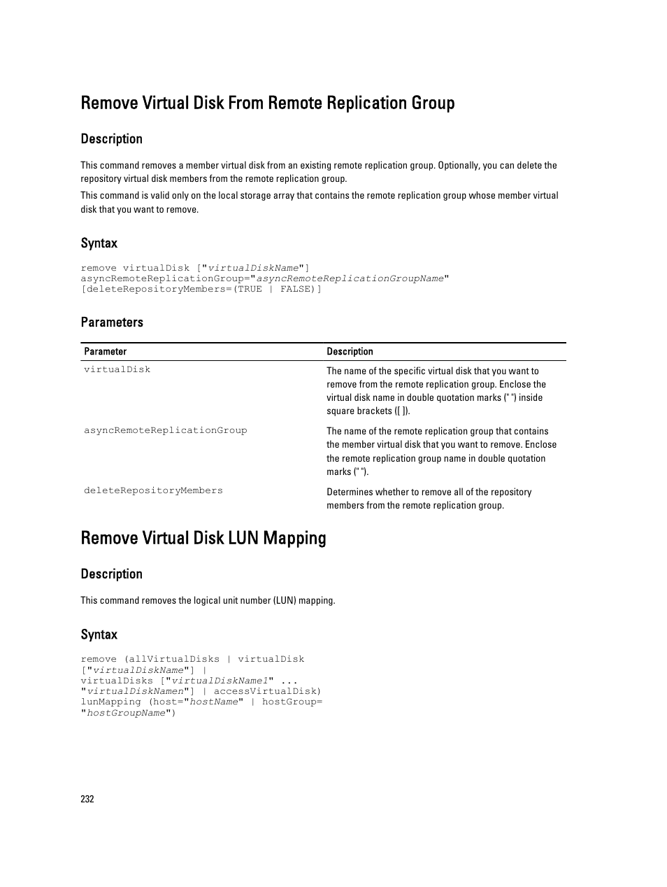 Remove virtual disk from remote replication group, Remove virtual disk lun mapping | Dell PowerVault MD3260i User Manual | Page 232 / 388