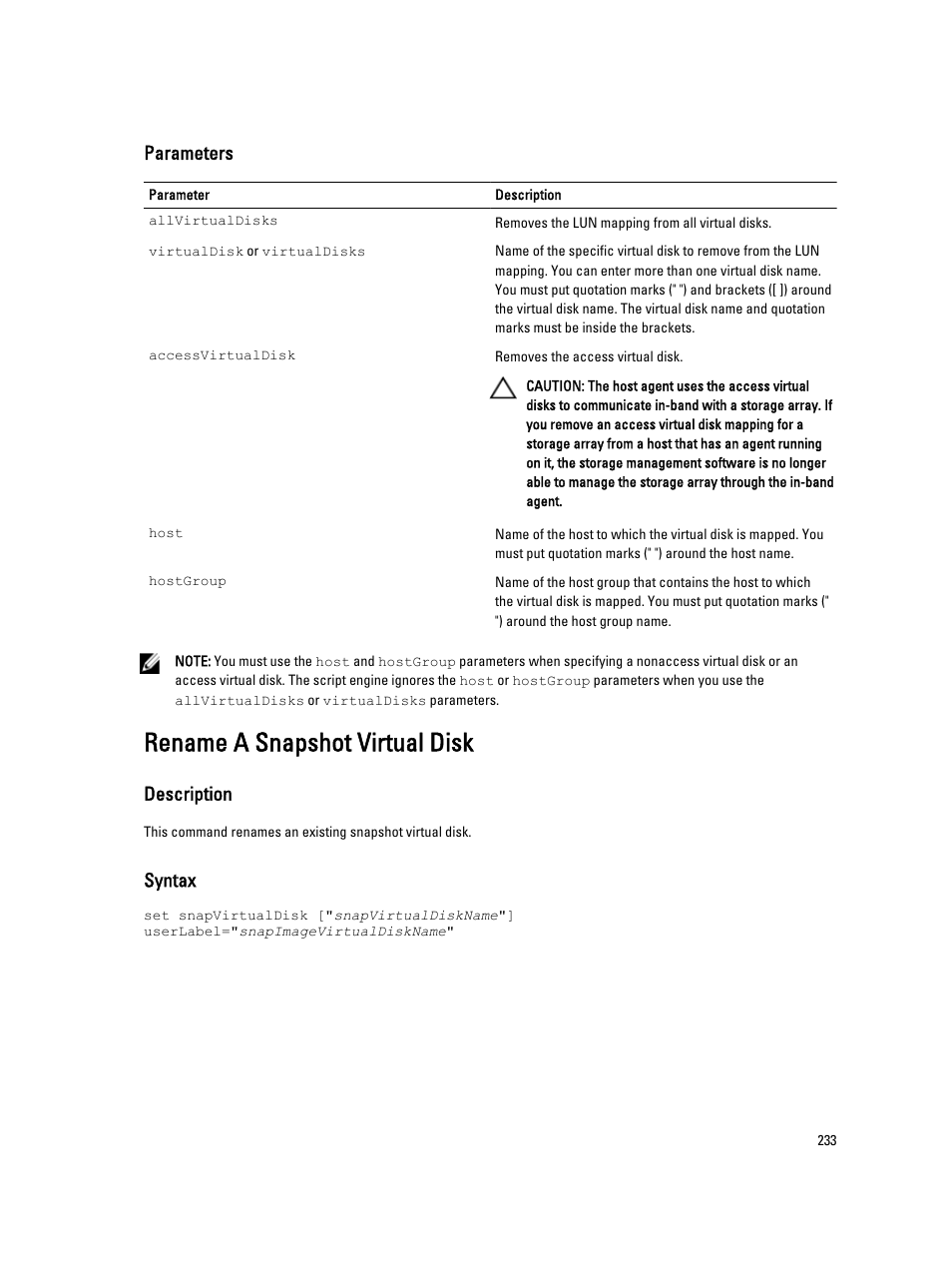 Rename a snapshot virtual disk, Parameters, Description | Syntax | Dell PowerVault MD3260i User Manual | Page 233 / 388