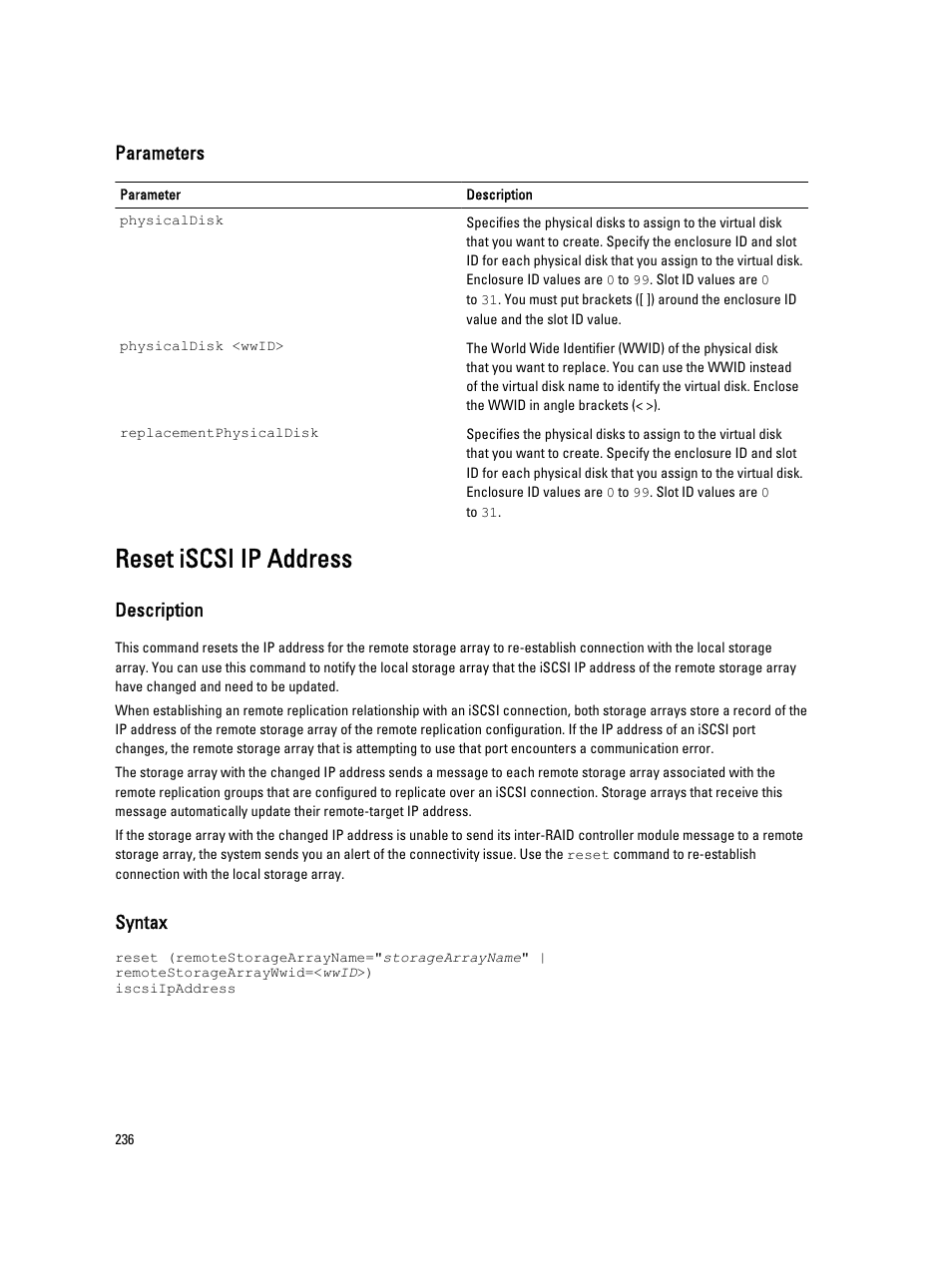 Reset iscsi ip address, Parameters, Description | Syntax | Dell PowerVault MD3260i User Manual | Page 236 / 388
