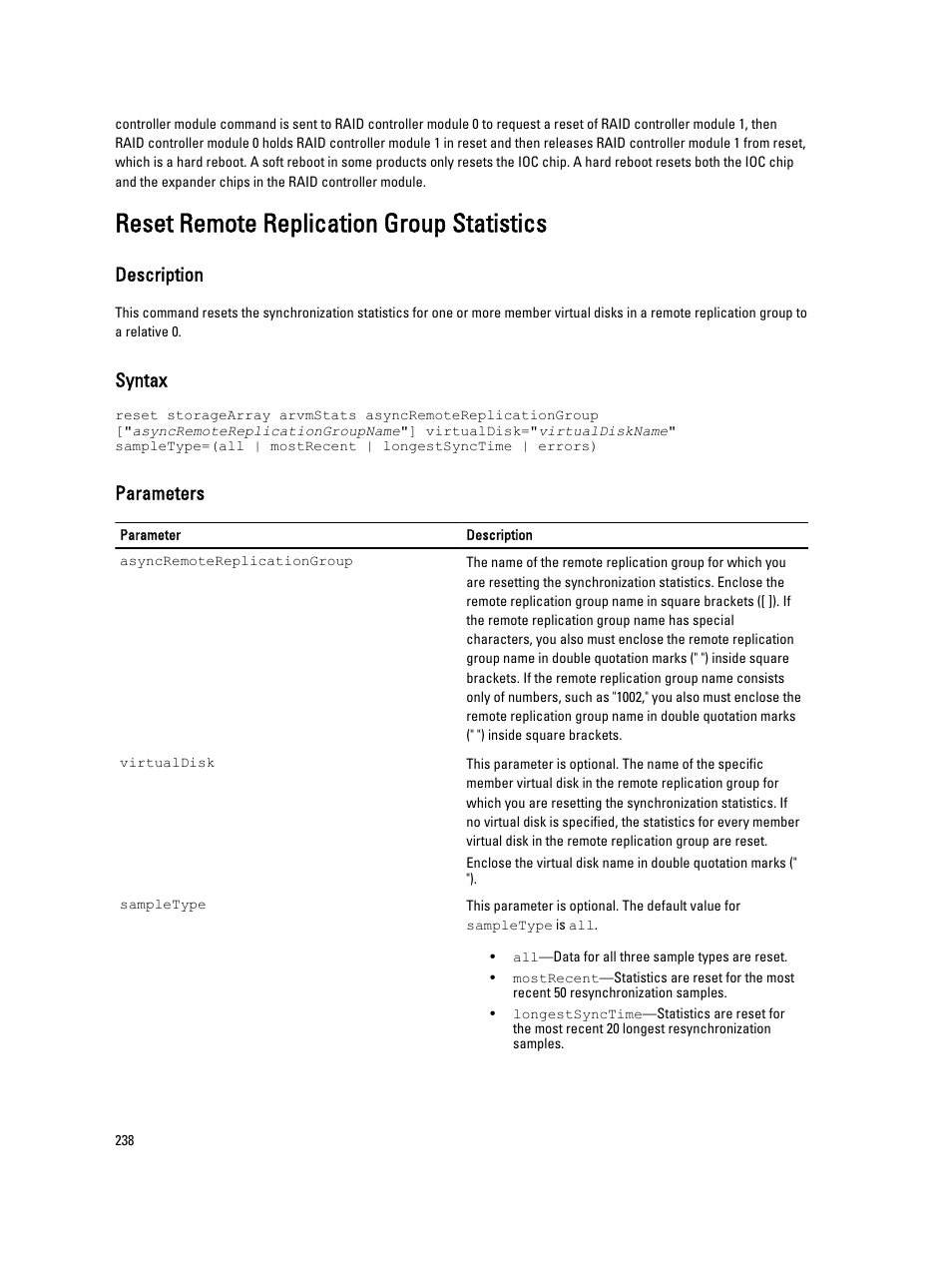 Reset remote replication group statistics, Description, Syntax | Parameters | Dell PowerVault MD3260i User Manual | Page 238 / 388