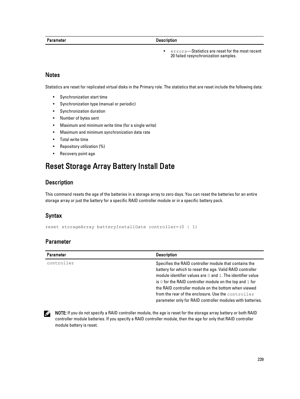 Reset storage array battery install date, Description, Syntax | Parameter | Dell PowerVault MD3260i User Manual | Page 239 / 388