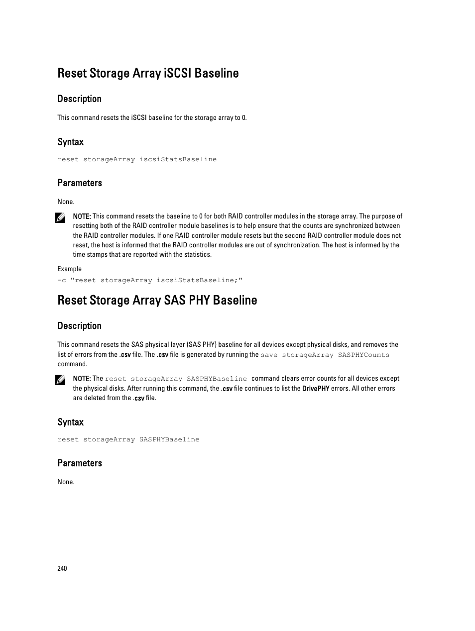 Reset storage array iscsi baseline, Reset storage array sas phy baseline | Dell PowerVault MD3260i User Manual | Page 240 / 388