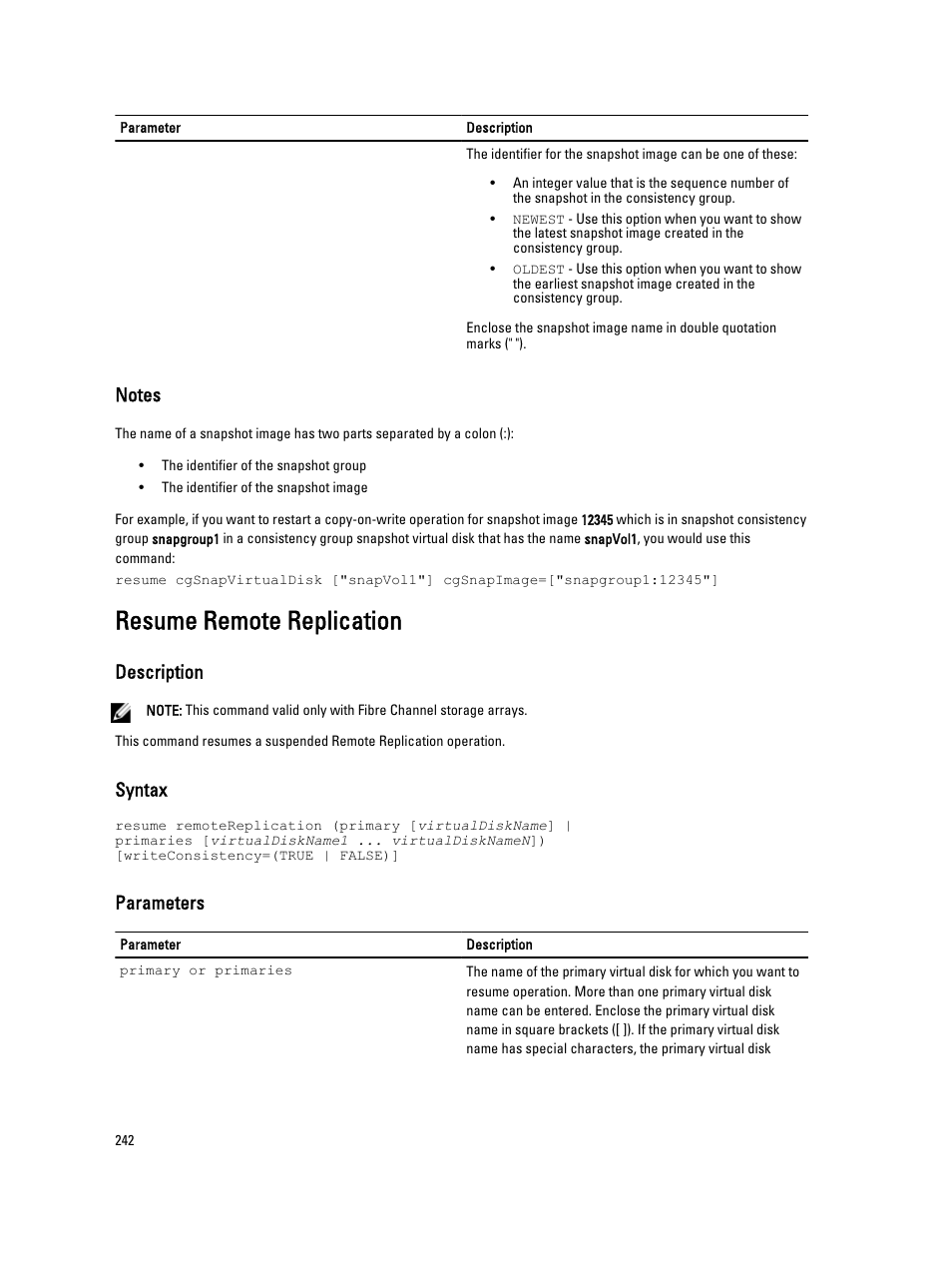 Resume remote replication, Description, Syntax | Parameters | Dell PowerVault MD3260i User Manual | Page 242 / 388
