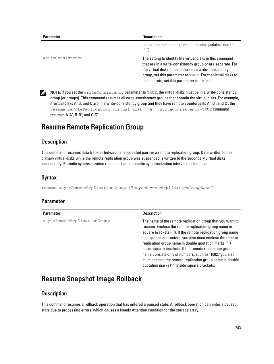 Resume remote replication group, Resume snapshot image rollback | Dell PowerVault MD3260i User Manual | Page 243 / 388