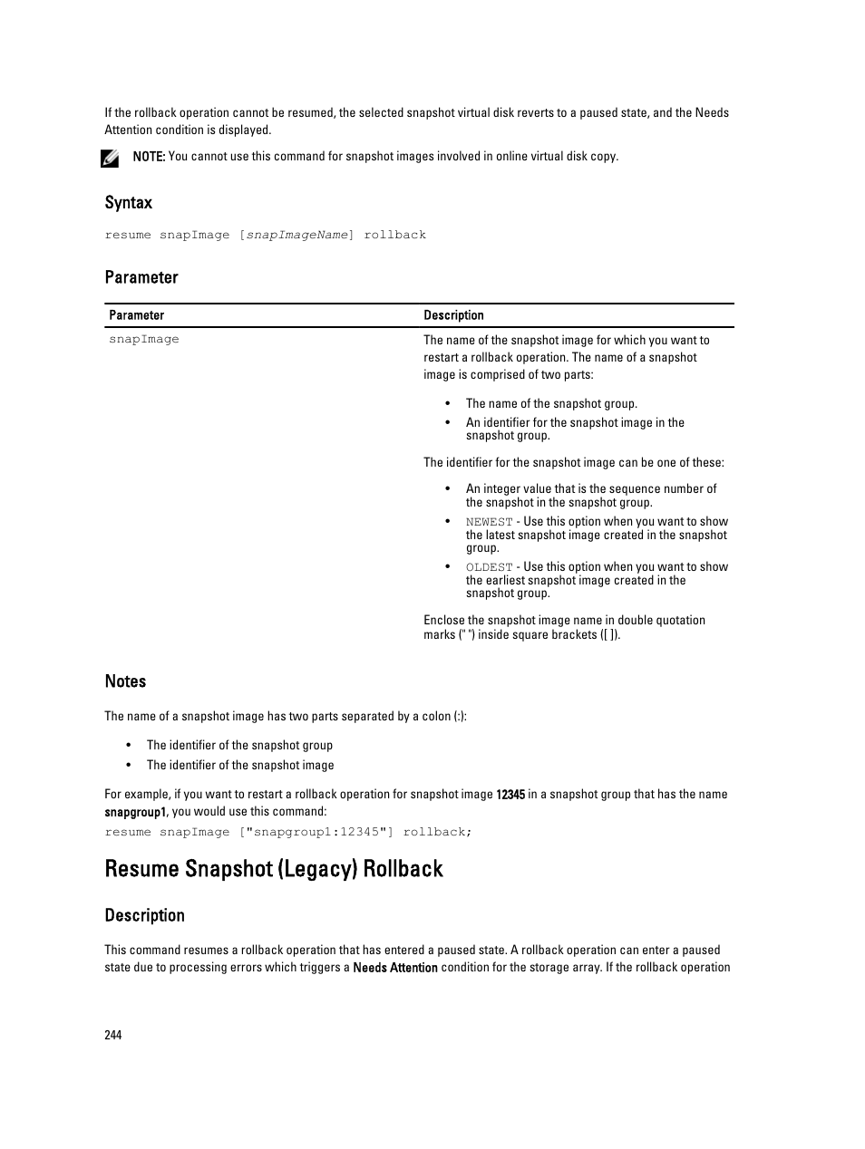 Resume snapshot (legacy) rollback, Syntax, Parameter | Description | Dell PowerVault MD3260i User Manual | Page 244 / 388