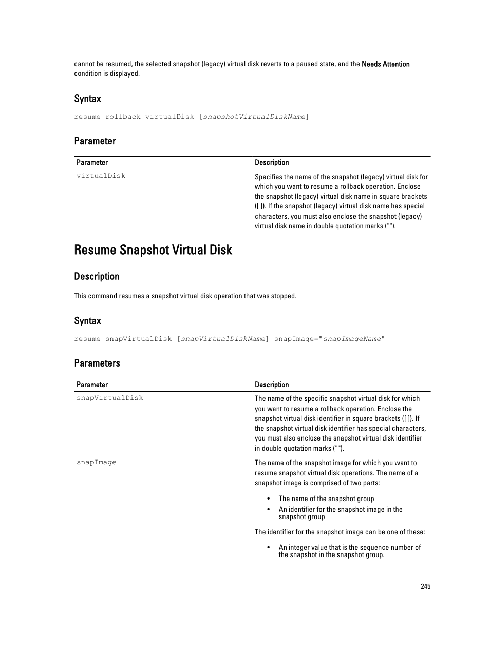 Resume snapshot virtual disk, Syntax, Parameter | Description, Parameters | Dell PowerVault MD3260i User Manual | Page 245 / 388