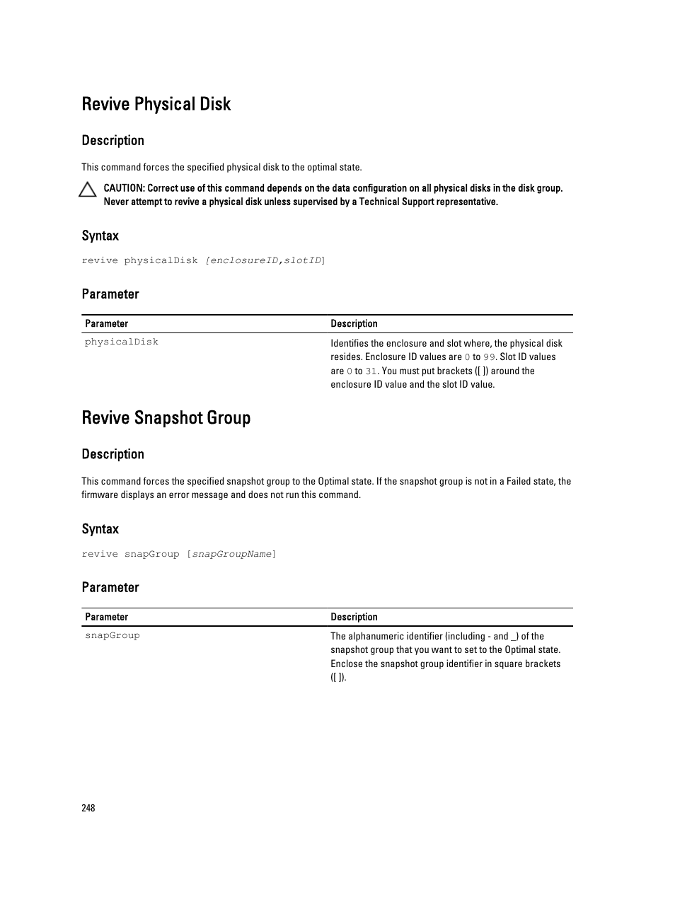 Revive physical disk, Revive snapshot group | Dell PowerVault MD3260i User Manual | Page 248 / 388