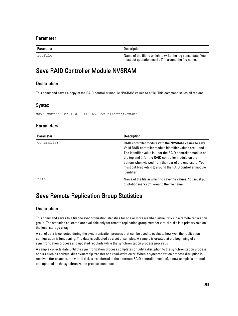 Save raid controller module nvsram, Save remote replication group statistics | Dell PowerVault MD3260i User Manual | Page 251 / 388