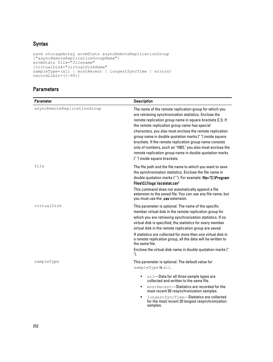 Syntax, Parameters | Dell PowerVault MD3260i User Manual | Page 252 / 388