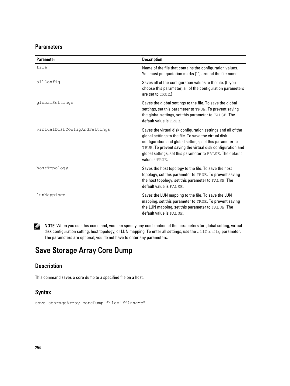 Save storage array core dump, Parameters, Description | Syntax | Dell PowerVault MD3260i User Manual | Page 254 / 388