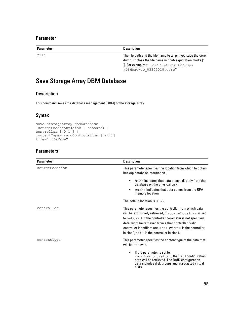 Save storage array dbm database, Parameter, Description | Syntax, Parameters | Dell PowerVault MD3260i User Manual | Page 255 / 388