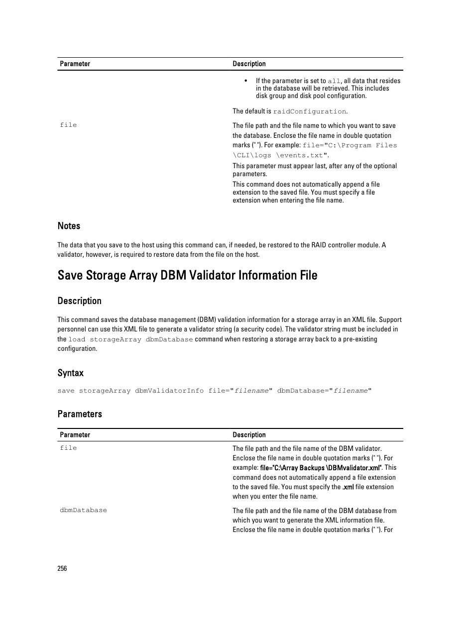 Save storage array dbm validator information file, Description, Syntax | Parameters | Dell PowerVault MD3260i User Manual | Page 256 / 388