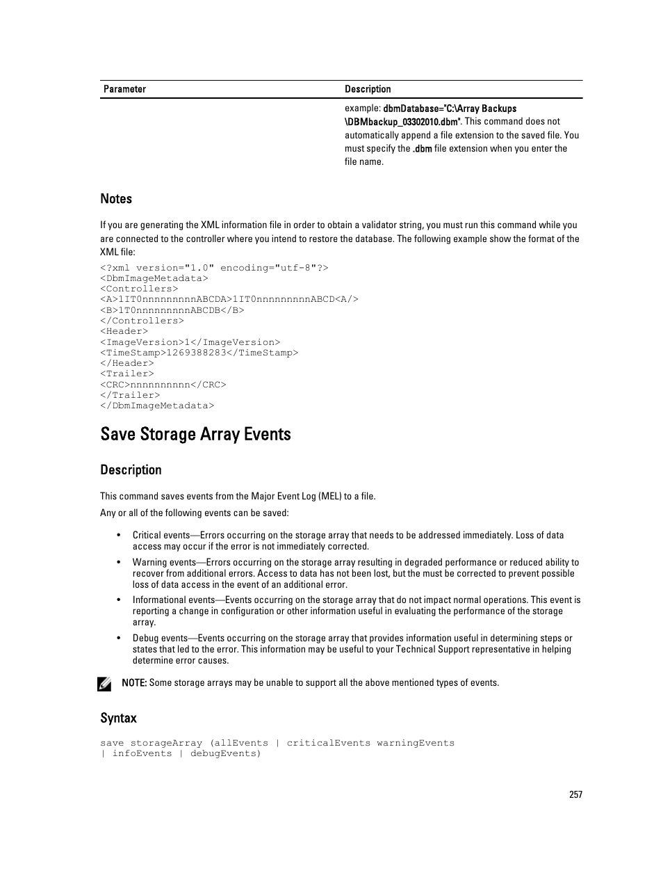 Save storage array events, Description, Syntax | Dell PowerVault MD3260i User Manual | Page 257 / 388