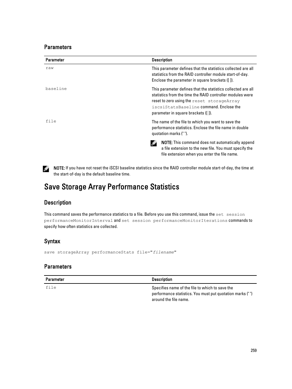 Save storage array performance statistics, Parameters, Description | Syntax | Dell PowerVault MD3260i User Manual | Page 259 / 388