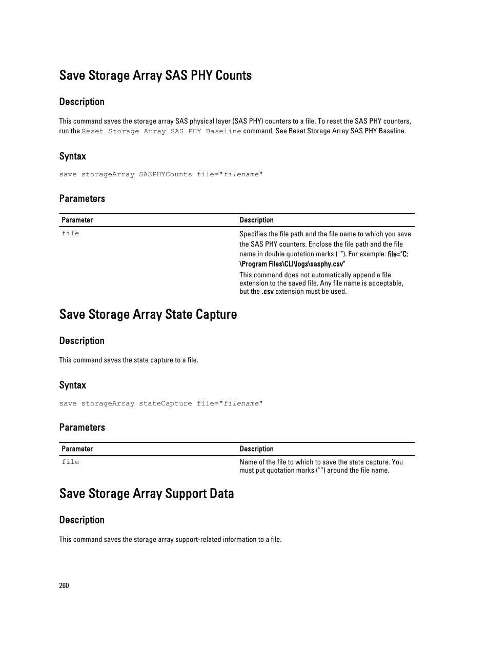 Save storage array sas phy counts, Save storage array state capture, Save storage array support data | Dell PowerVault MD3260i User Manual | Page 260 / 388