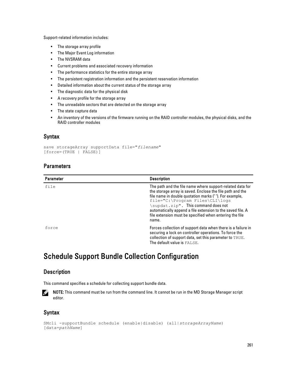 Schedule support bundle collection configuration, Syntax, Parameters | Description | Dell PowerVault MD3260i User Manual | Page 261 / 388