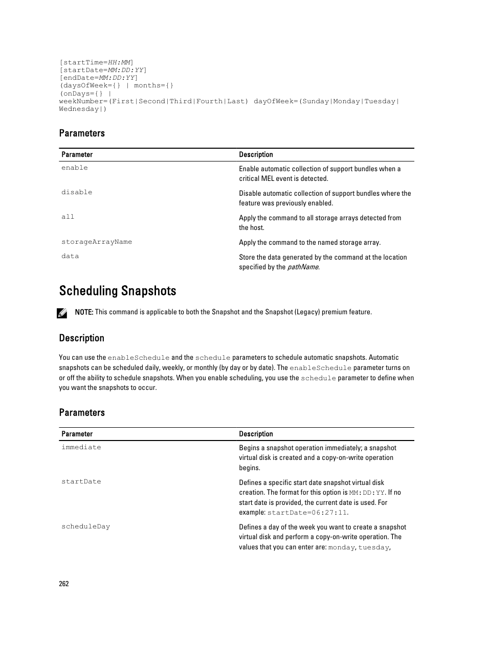 Scheduling snapshots, Parameters, Description | Dell PowerVault MD3260i User Manual | Page 262 / 388