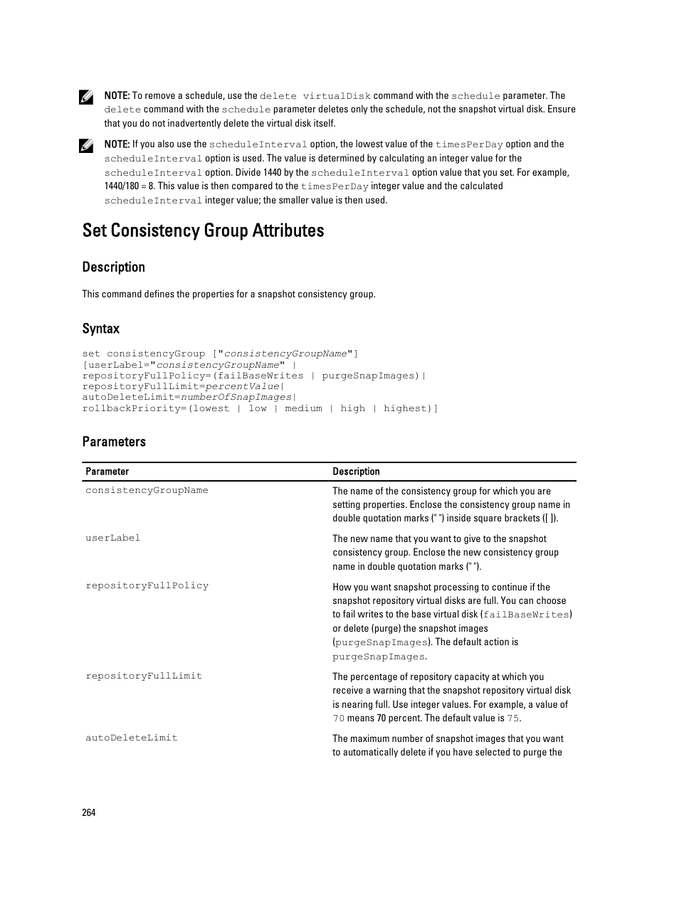 Set consistency group attributes, Description, Syntax | Parameters | Dell PowerVault MD3260i User Manual | Page 264 / 388