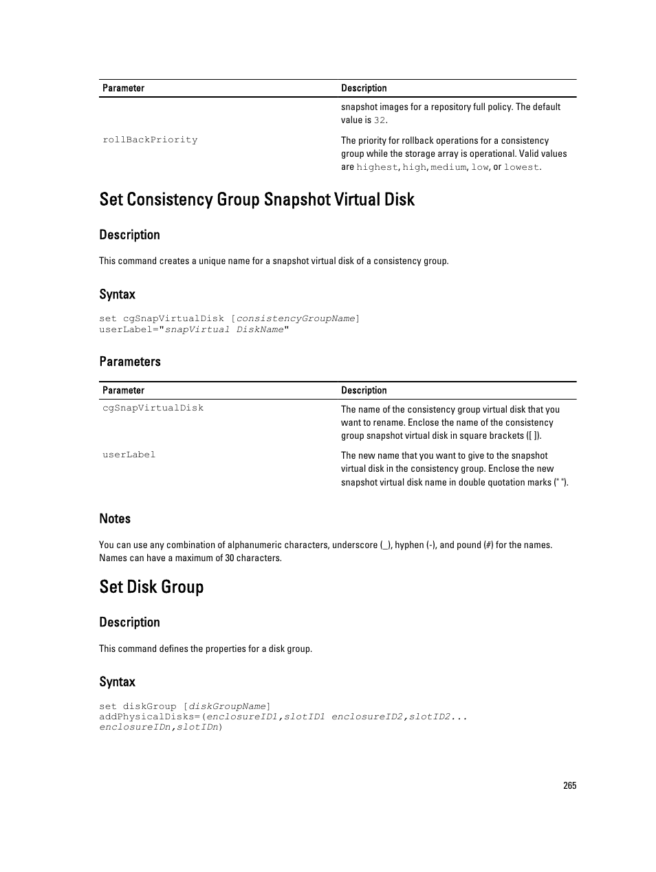 Set consistency group snapshot virtual disk, Set disk group | Dell PowerVault MD3260i User Manual | Page 265 / 388