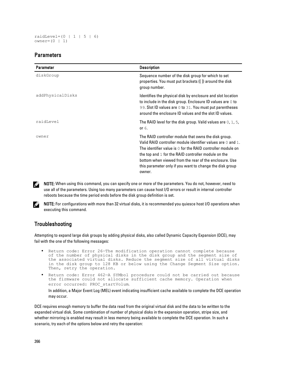 Parameters, Troubleshooting | Dell PowerVault MD3260i User Manual | Page 266 / 388
