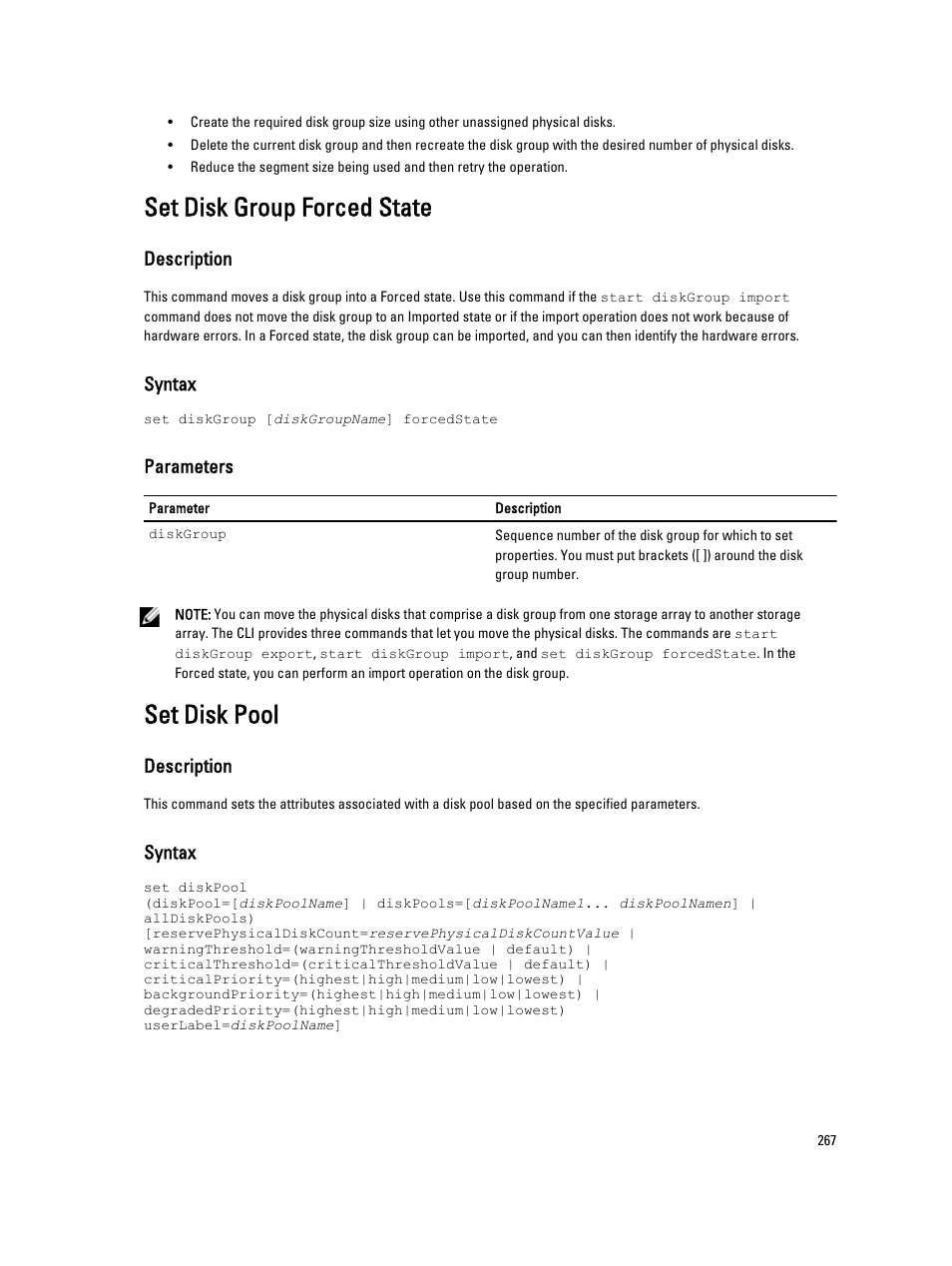 Set disk group forced state, Set disk pool, Description | Syntax, Parameters | Dell PowerVault MD3260i User Manual | Page 267 / 388