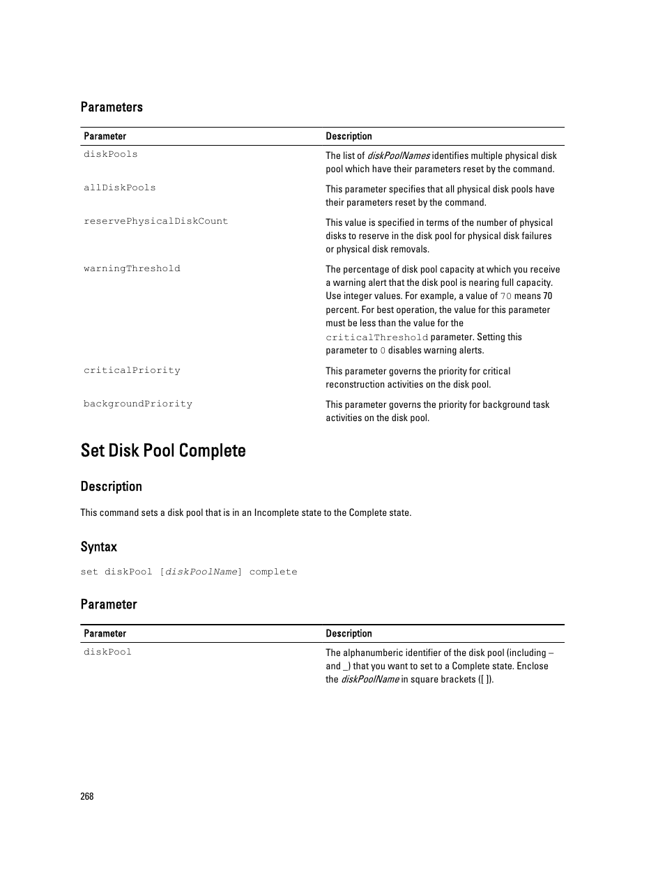 Set disk pool complete, Parameters, Description | Syntax, Parameter | Dell PowerVault MD3260i User Manual | Page 268 / 388