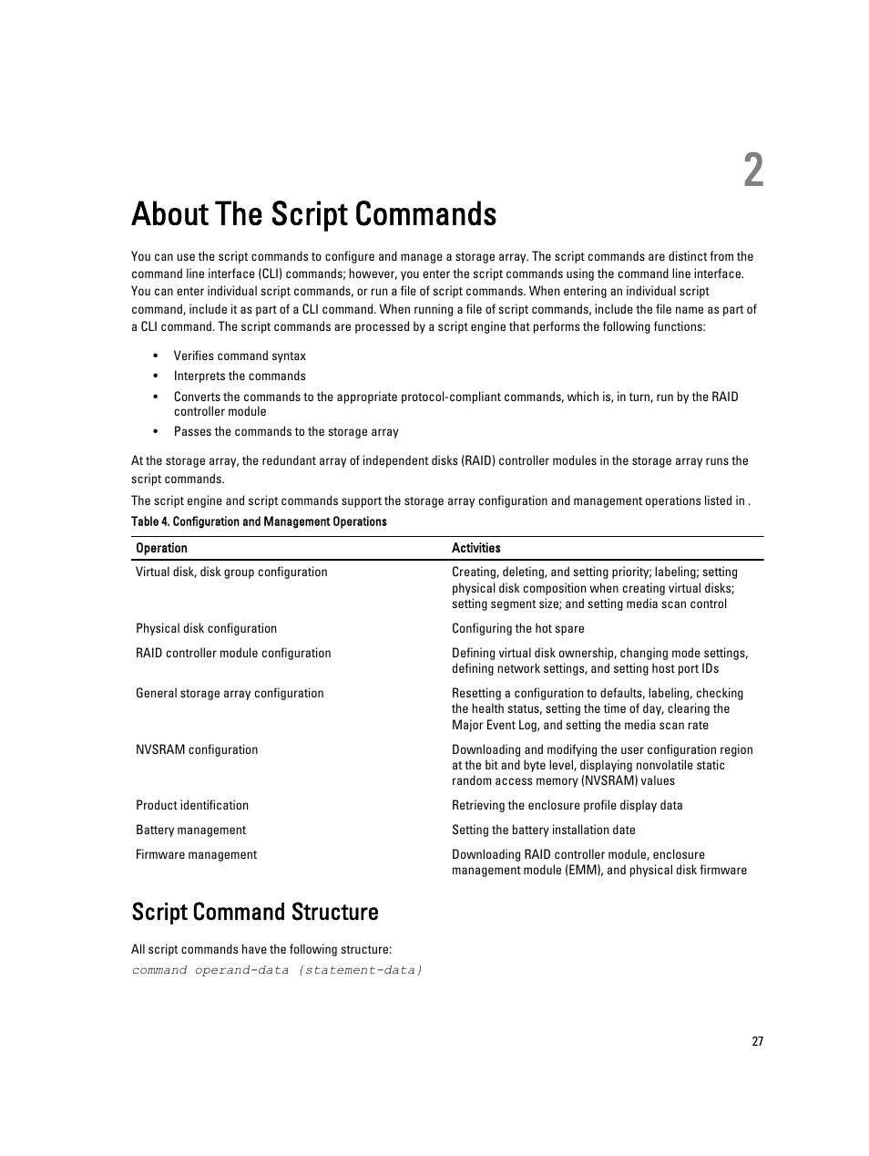 About the script commands, Script command structure, 2 about the script commands | Dell PowerVault MD3260i User Manual | Page 27 / 388