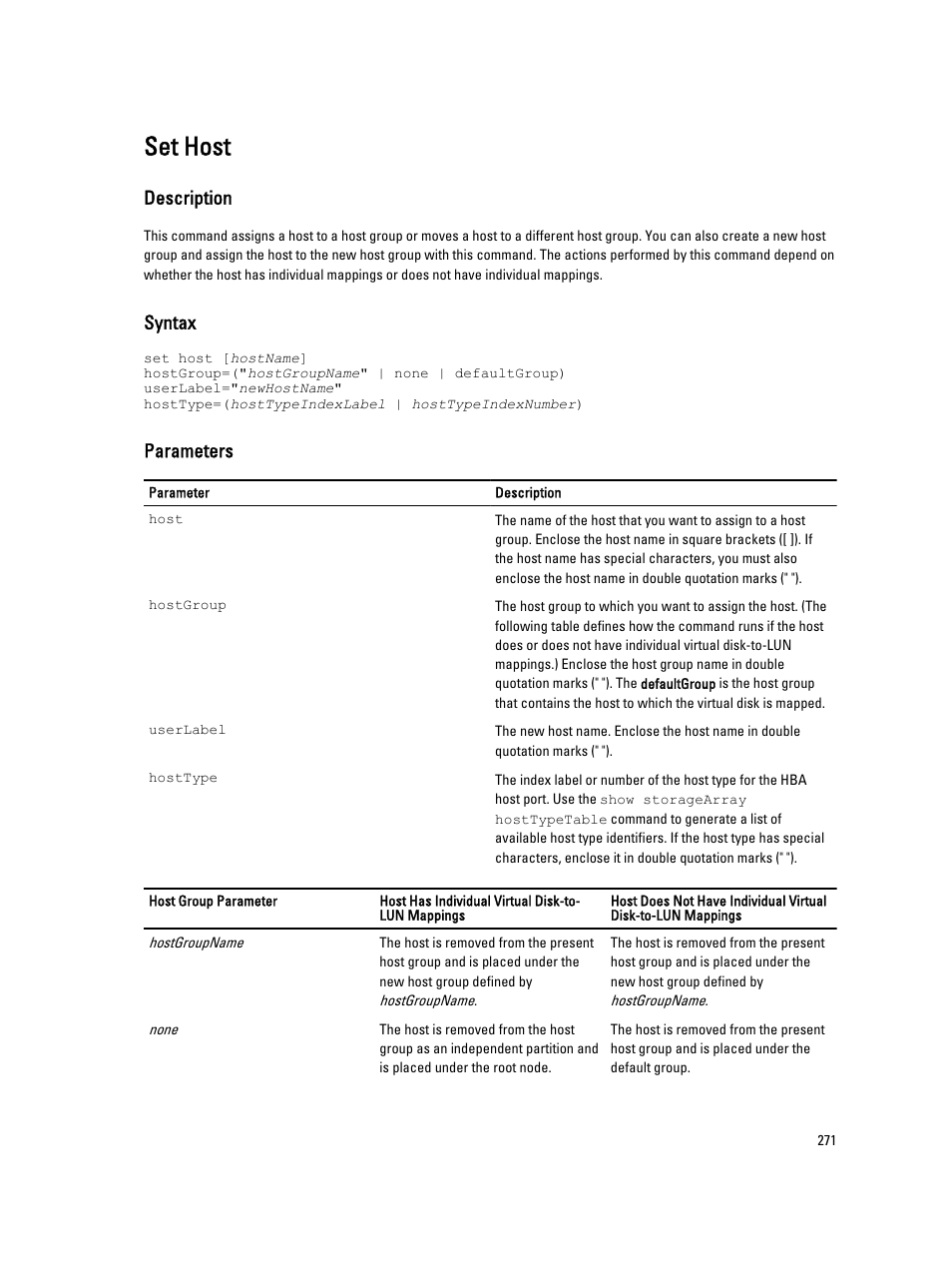 Set host, Description, Syntax | Parameters | Dell PowerVault MD3260i User Manual | Page 271 / 388