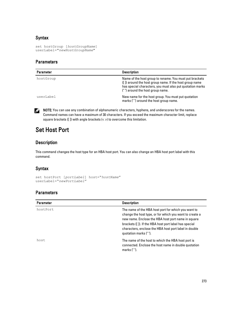 Set host port, Syntax, Parameters | Description | Dell PowerVault MD3260i User Manual | Page 273 / 388