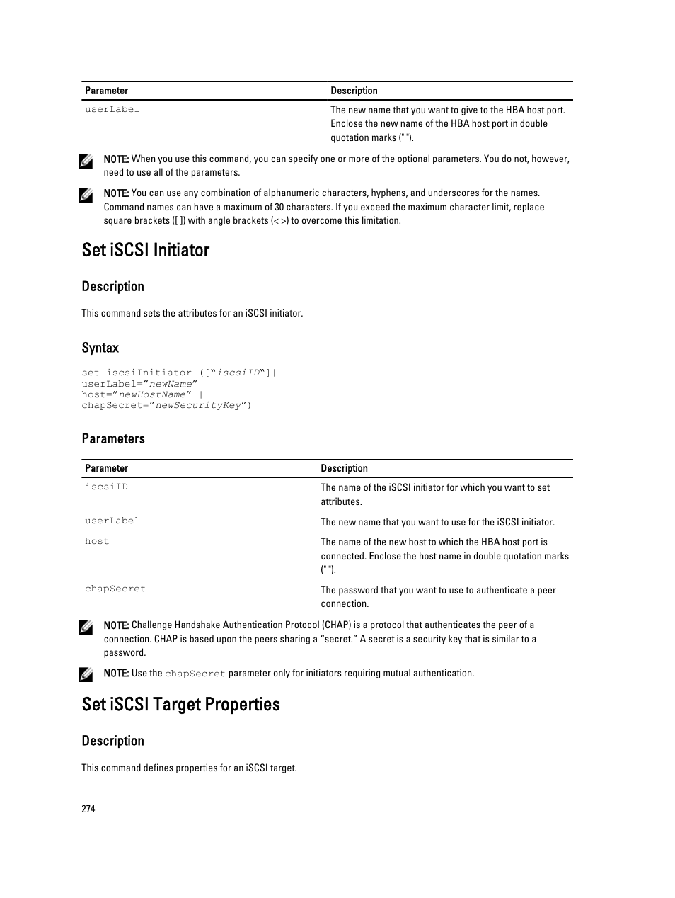 Set iscsi initiator, Set iscsi target properties, Description | Syntax, Parameters | Dell PowerVault MD3260i User Manual | Page 274 / 388