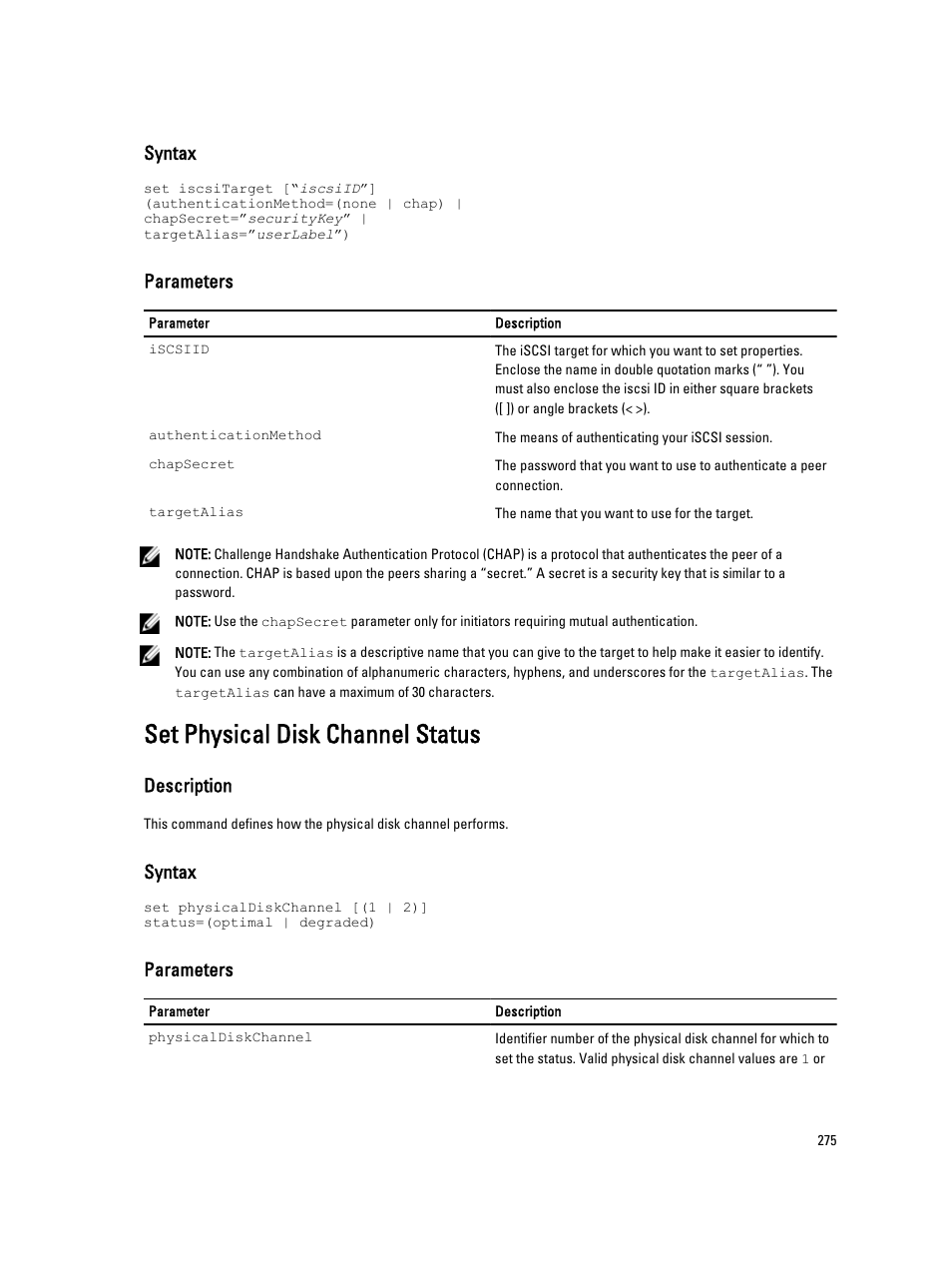 Set physical disk channel status, Syntax, Parameters | Description | Dell PowerVault MD3260i User Manual | Page 275 / 388
