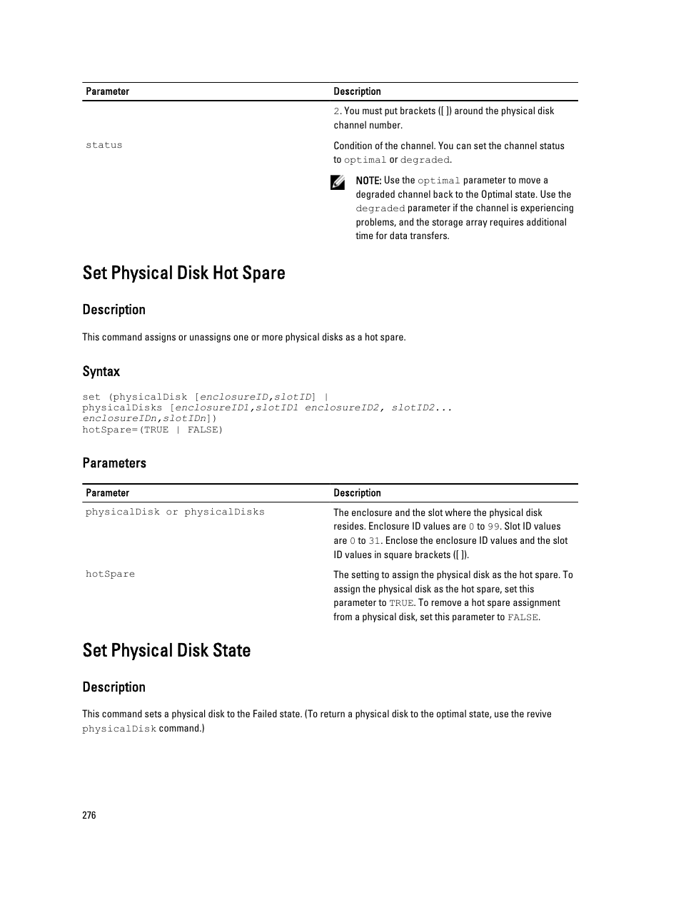 Set physical disk hot spare, Set physical disk state | Dell PowerVault MD3260i User Manual | Page 276 / 388