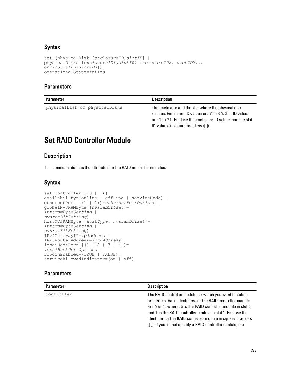 Set raid controller module, Syntax, Parameters | Description | Dell PowerVault MD3260i User Manual | Page 277 / 388