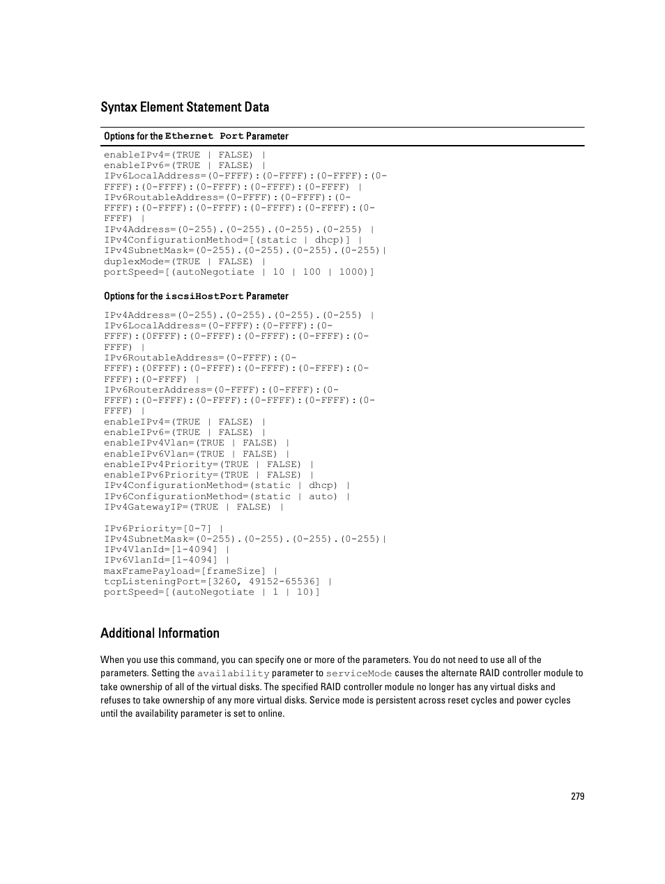 Syntax element statement data, Additional information | Dell PowerVault MD3260i User Manual | Page 279 / 388