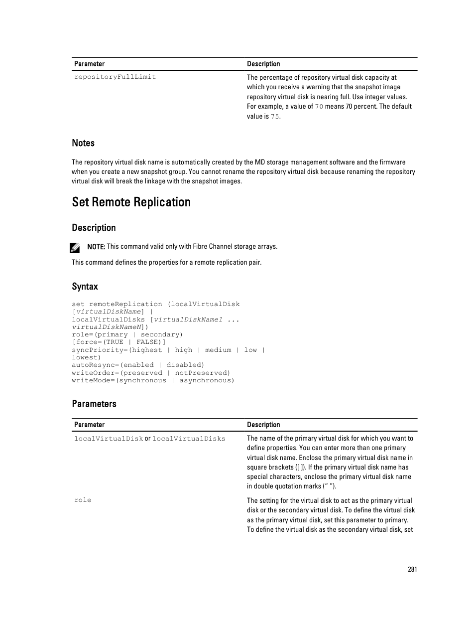 Set remote replication, Description, Syntax | Parameters | Dell PowerVault MD3260i User Manual | Page 281 / 388