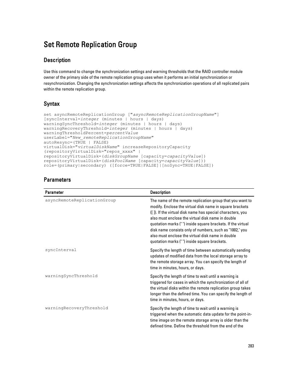 Set remote replication group, Description, Syntax | Parameters | Dell PowerVault MD3260i User Manual | Page 283 / 388