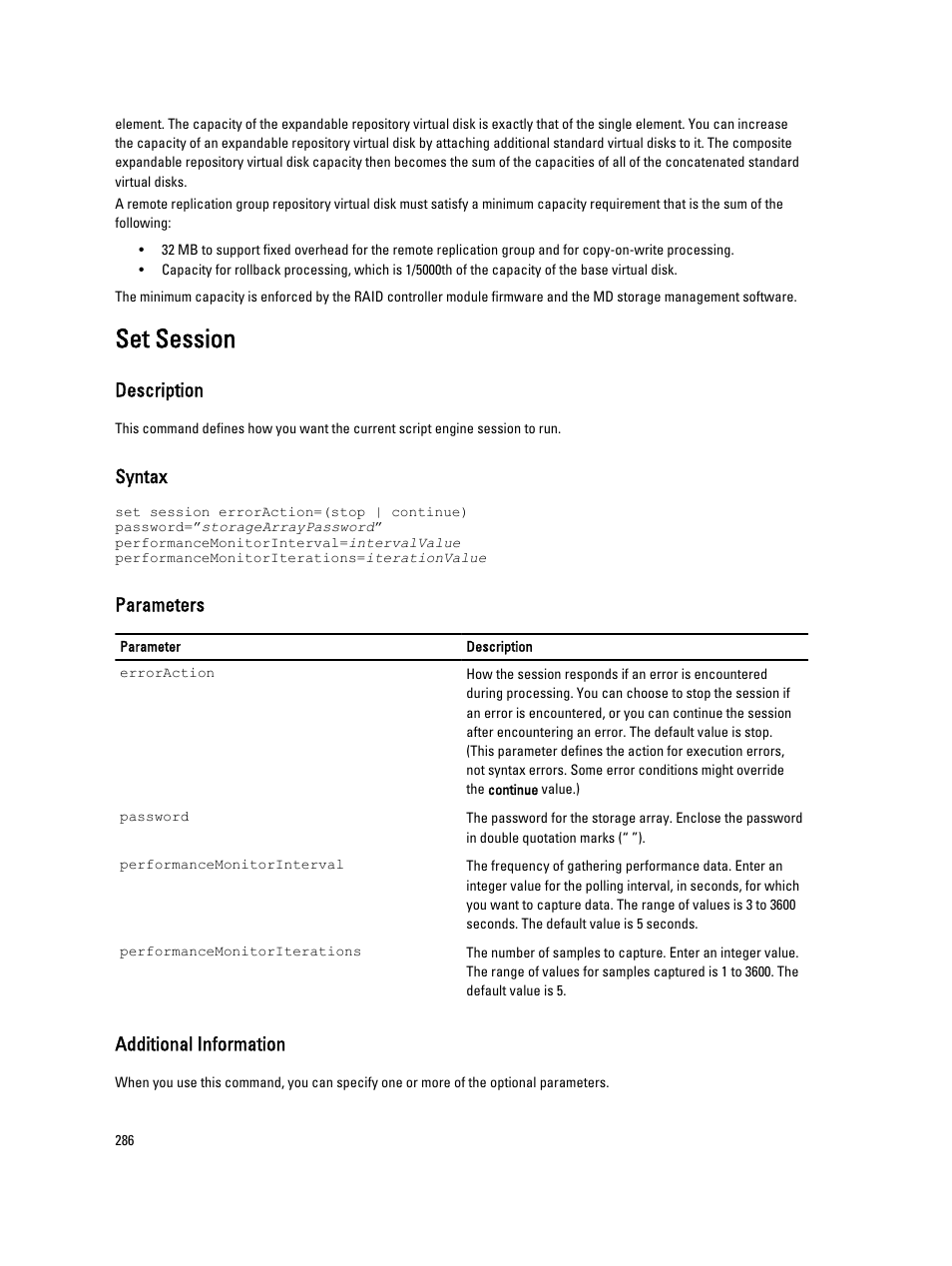 Set session, Description, Syntax | Parameters, Additional information | Dell PowerVault MD3260i User Manual | Page 286 / 388