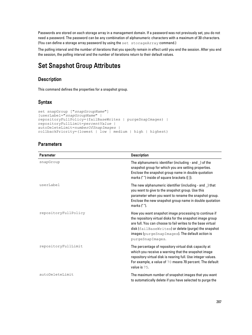 Set snapshot group attributes, Description, Syntax | Parameters | Dell PowerVault MD3260i User Manual | Page 287 / 388