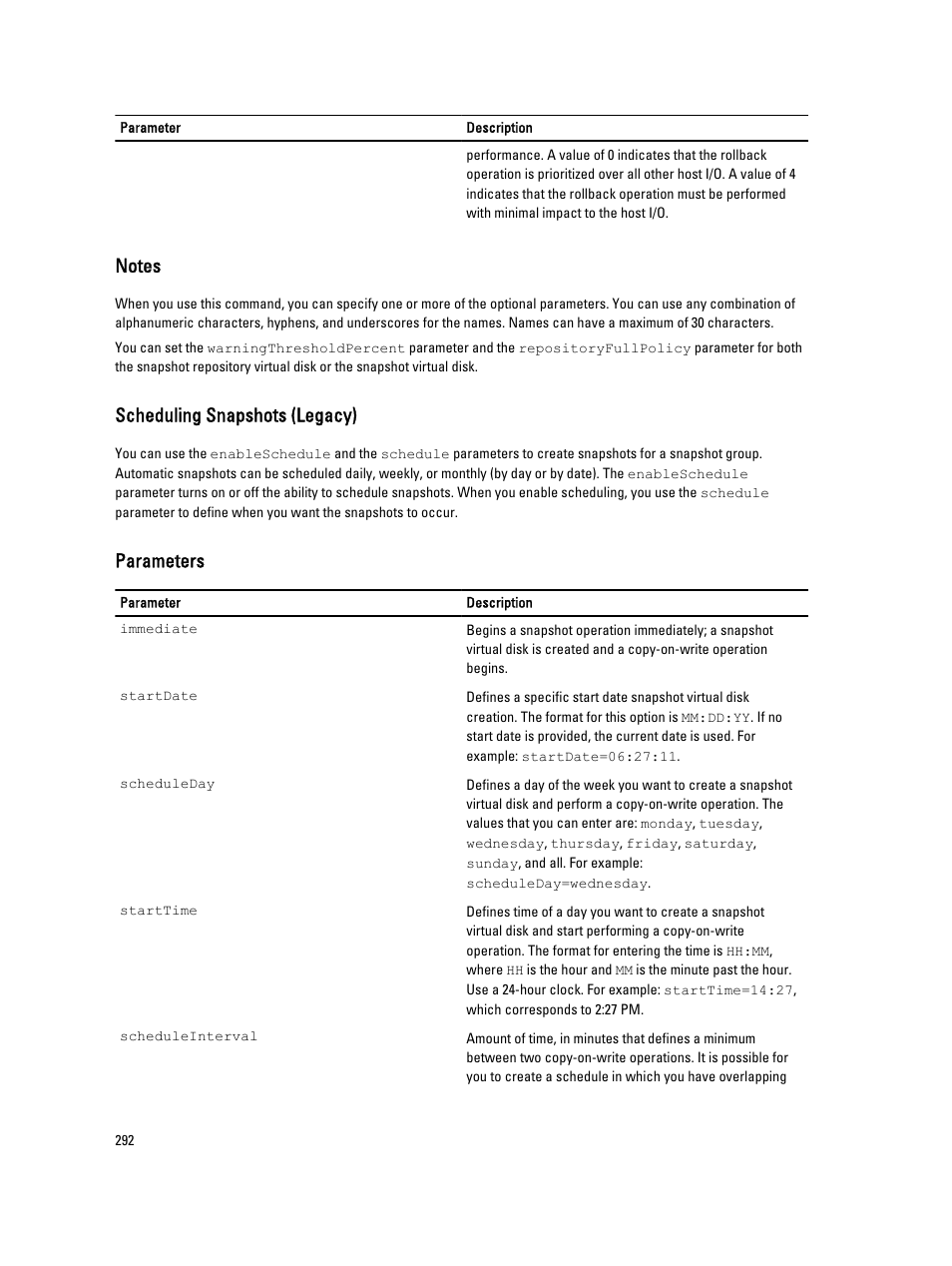 Scheduling snapshots (legacy), Parameters | Dell PowerVault MD3260i User Manual | Page 292 / 388