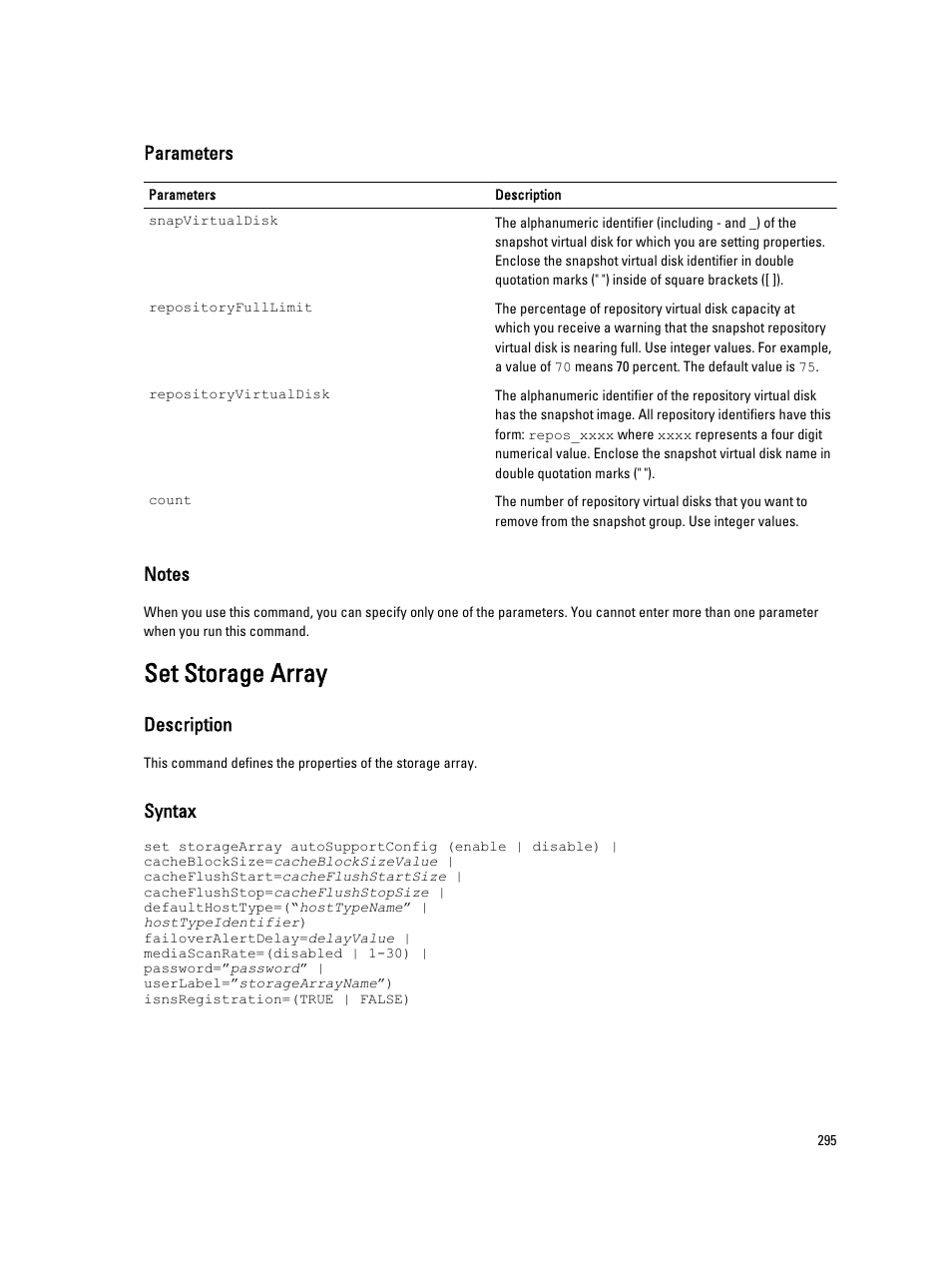 Set storage array, Parameters, Description | Syntax | Dell PowerVault MD3260i User Manual | Page 295 / 388