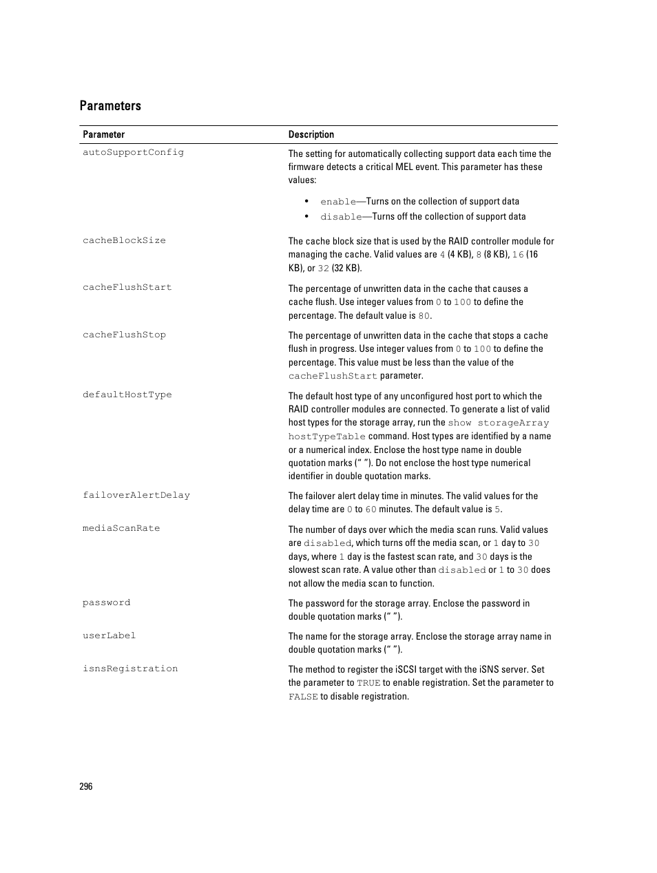 Parameters | Dell PowerVault MD3260i User Manual | Page 296 / 388