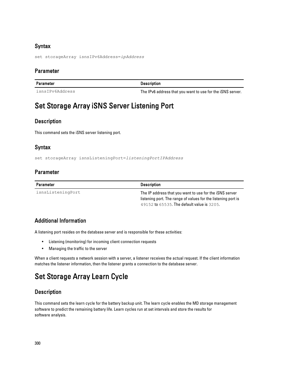 Set storage array isns server listening port, Set storage array learn cycle | Dell PowerVault MD3260i User Manual | Page 300 / 388