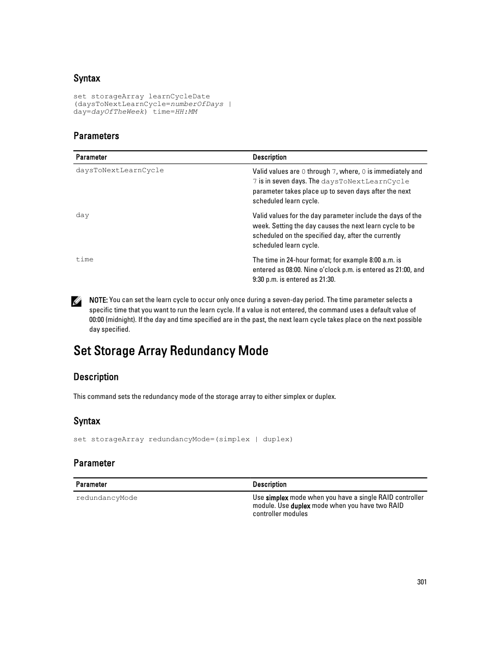 Set storage array redundancy mode, Syntax, Parameters | Description, Parameter | Dell PowerVault MD3260i User Manual | Page 301 / 388