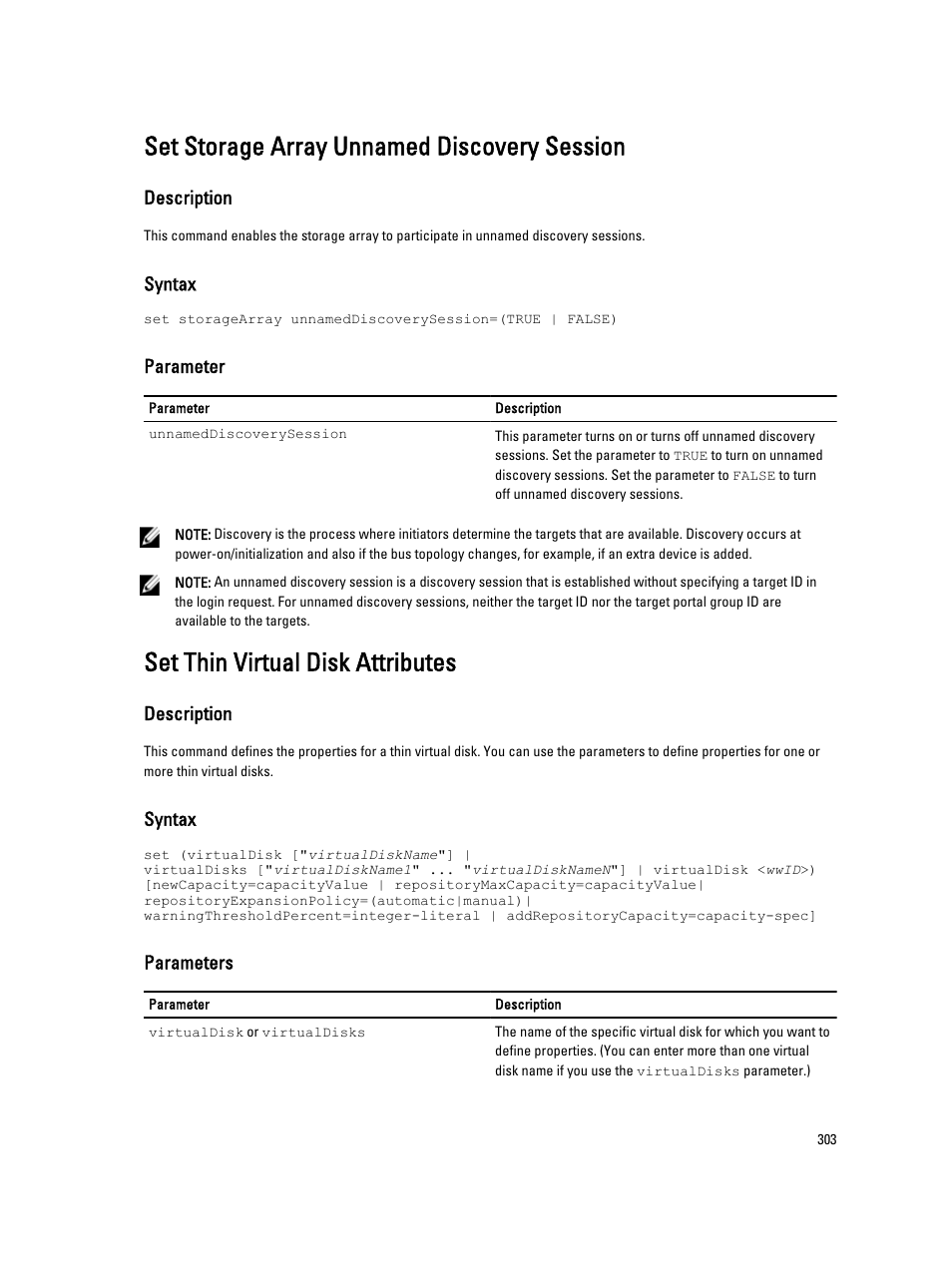 Set storage array unnamed discovery session, Set thin virtual disk attributes | Dell PowerVault MD3260i User Manual | Page 303 / 388