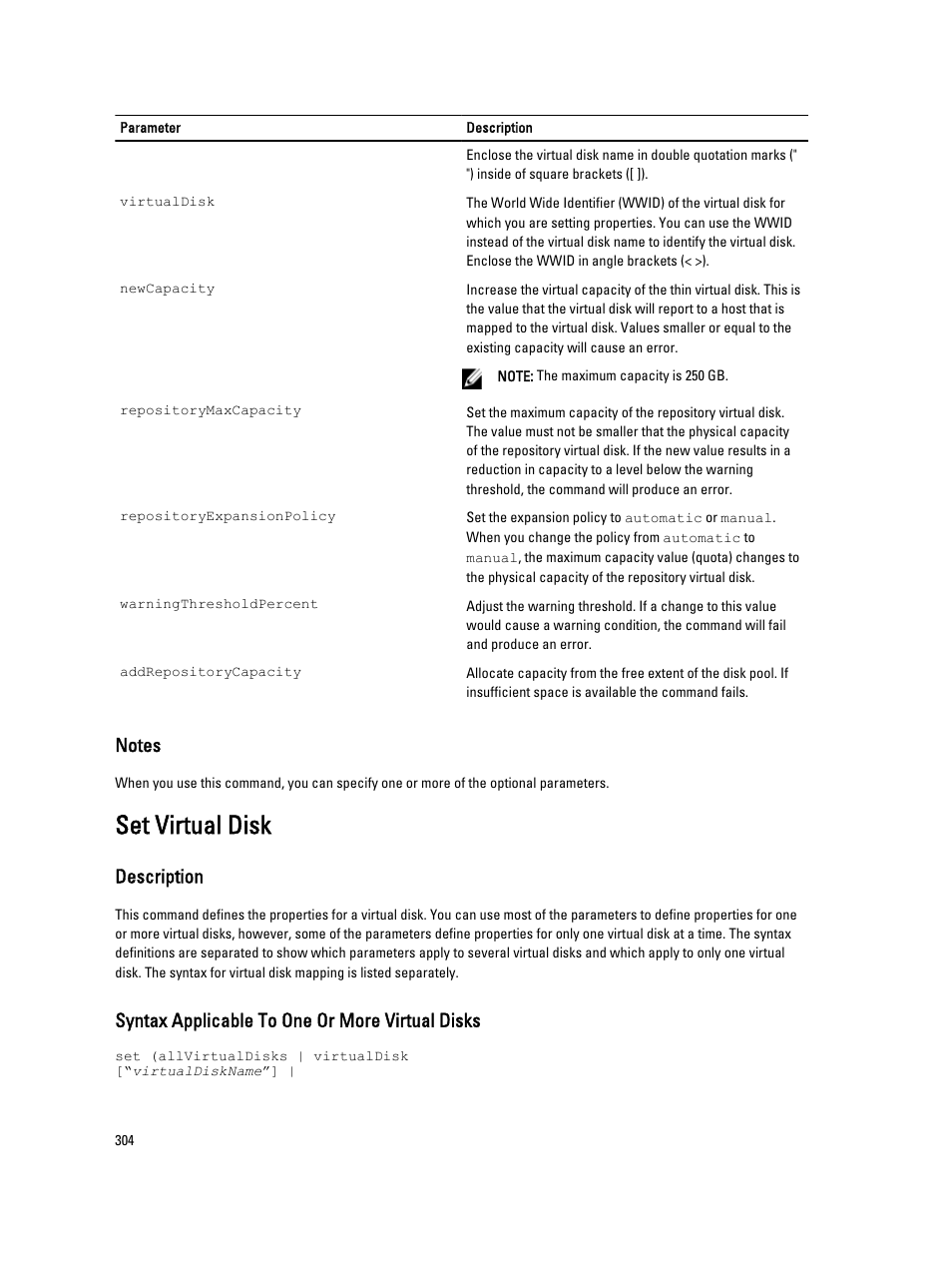 Set virtual disk, Description, Syntax applicable to one or more virtual disks | Dell PowerVault MD3260i User Manual | Page 304 / 388