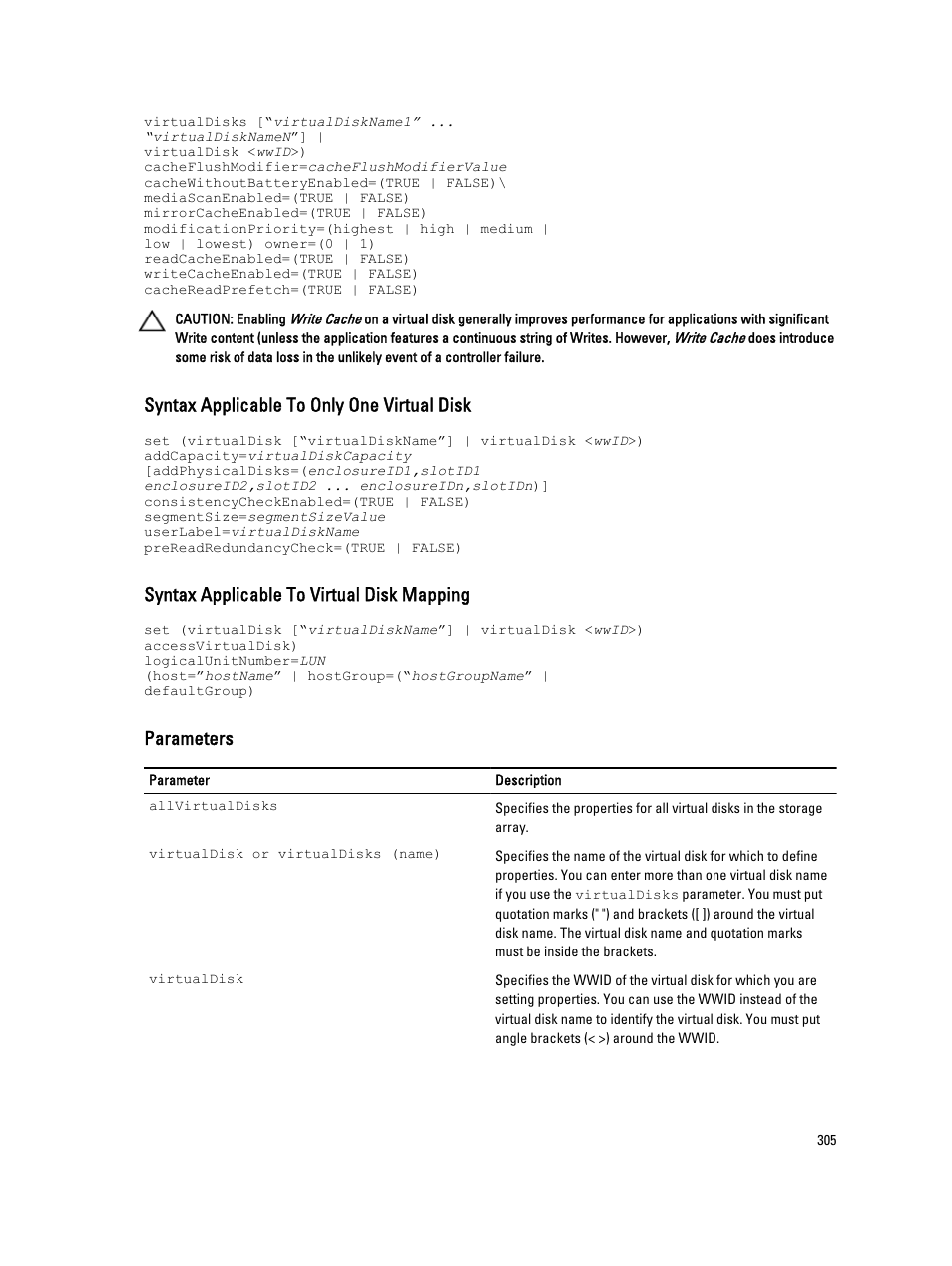 Syntax applicable to only one virtual disk, Syntax applicable to virtual disk mapping, Parameters | Dell PowerVault MD3260i User Manual | Page 305 / 388