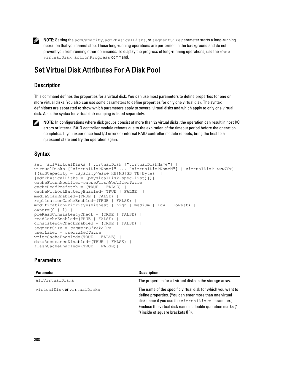 Set virtual disk attributes for a disk pool, Description, Syntax | Parameters | Dell PowerVault MD3260i User Manual | Page 308 / 388